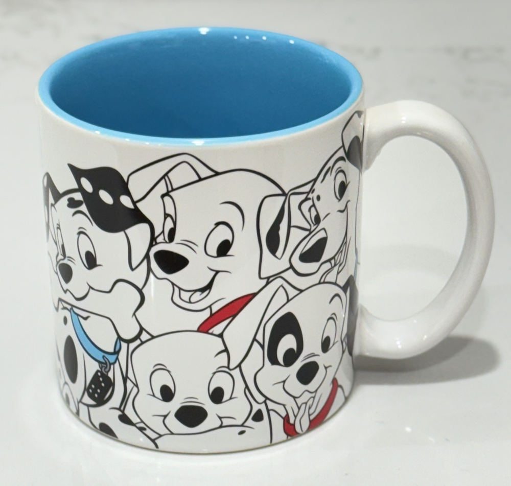 Disney Store 101 Dalmatians Coffee Mug Blue Puppy Collage Ceramic 4" Cup Dog Mom